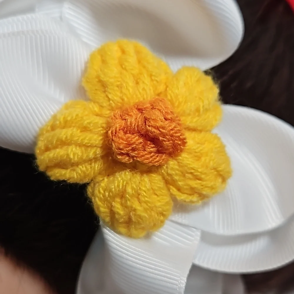 Hand Crafted White Bow Hairband Hand Knit Crochet Yellow Puffy Flower Coquette